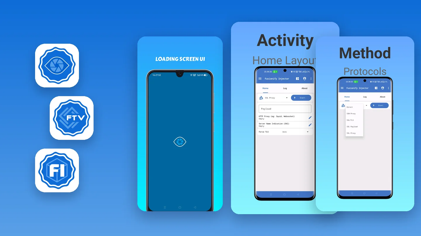 Ikon tiga aplikasi Fusion Tempest, FTV Injector, dan Fusionify Injector bersama tampilan layar aplikasinya di Android